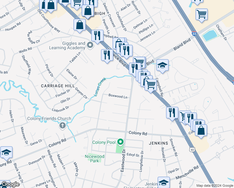 map of restaurants, bars, coffee shops, grocery stores, and more near 14 Boxwood Lane in Newport News