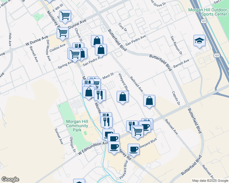 map of restaurants, bars, coffee shops, grocery stores, and more near 16495 Vineyard Boulevard in Morgan Hill