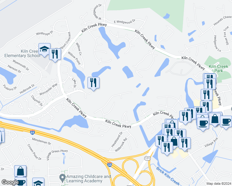 map of restaurants, bars, coffee shops, grocery stores, and more near 965 Drivers Lane in Newport News