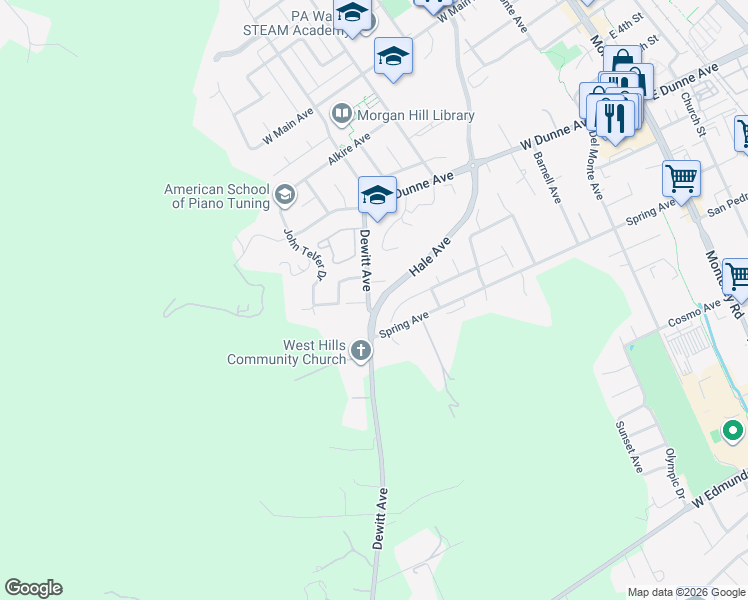 map of restaurants, bars, coffee shops, grocery stores, and more near 16852 Dewitt Avenue in Morgan Hill