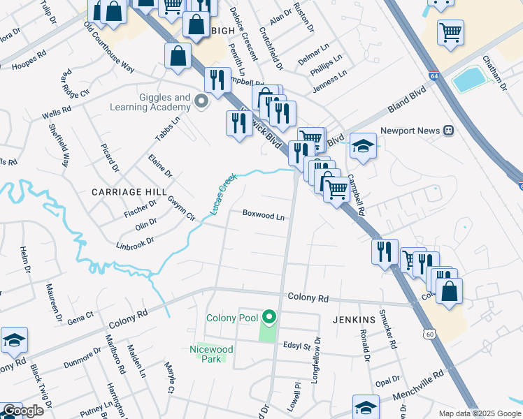 map of restaurants, bars, coffee shops, grocery stores, and more near 15 Satinwood Lane in Newport News