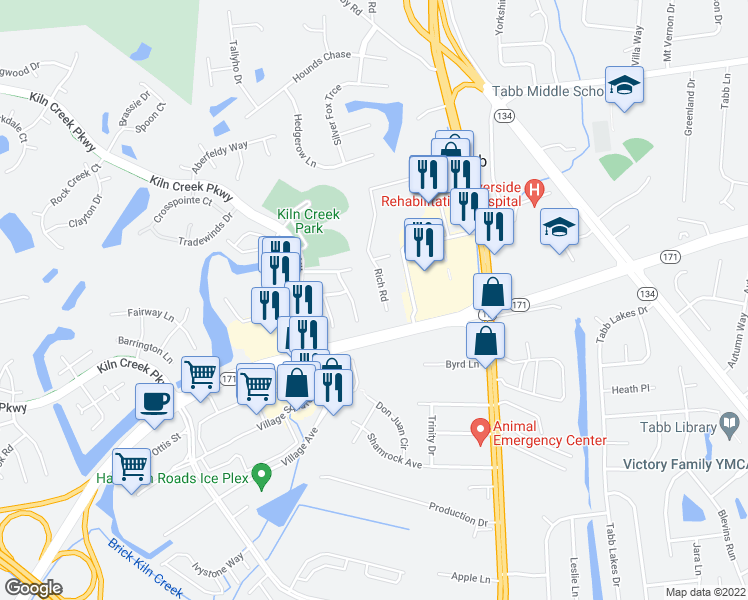 map of restaurants, bars, coffee shops, grocery stores, and more near 226 Rich Road in Yorktown