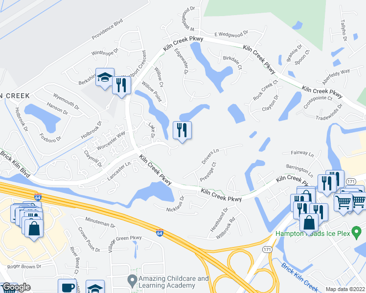 map of restaurants, bars, coffee shops, grocery stores, and more near 1003 Brick Kiln Boulevard in Newport News