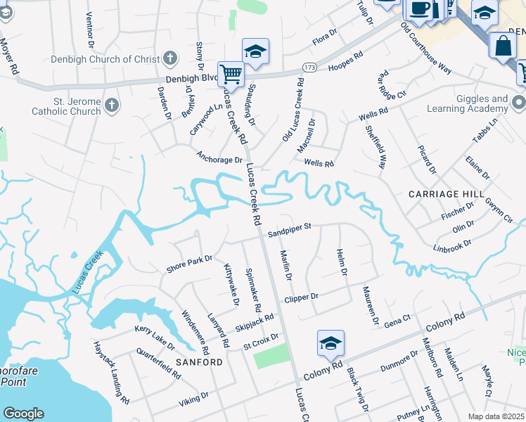 map of restaurants, bars, coffee shops, grocery stores, and more near 610 Lucas Creek Road in Newport News