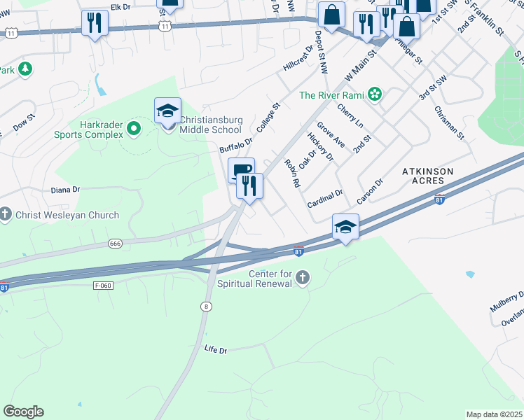 map of restaurants, bars, coffee shops, grocery stores, and more near 145 South Hill Drive in Christiansburg