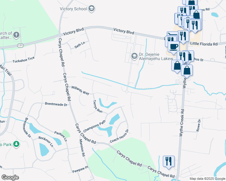 map of restaurants, bars, coffee shops, grocery stores, and more near 101 Treis Trail in Yorktown