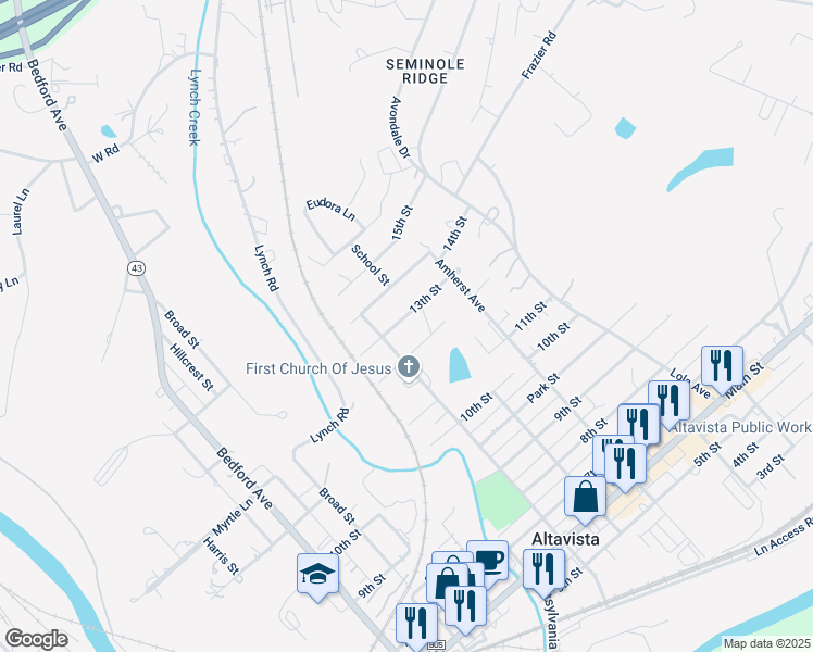 map of restaurants, bars, coffee shops, grocery stores, and more near 13th Street in Altavista