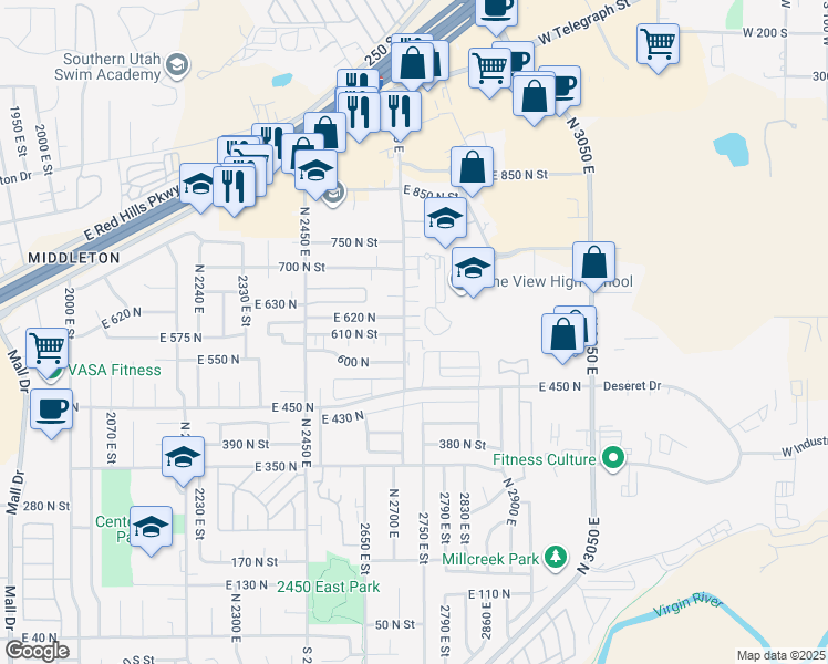 map of restaurants, bars, coffee shops, grocery stores, and more near 618 2720 East Street in St. George