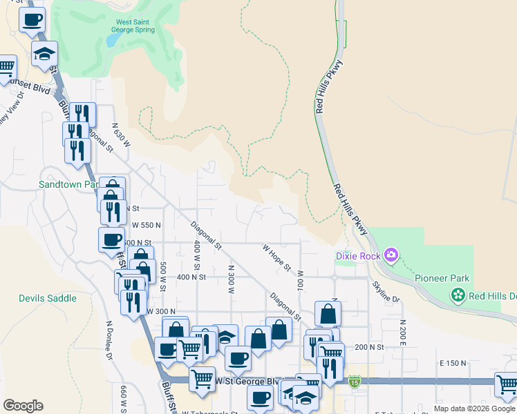 map of restaurants, bars, coffee shops, grocery stores, and more near 594 North 260 West Circle in St. George