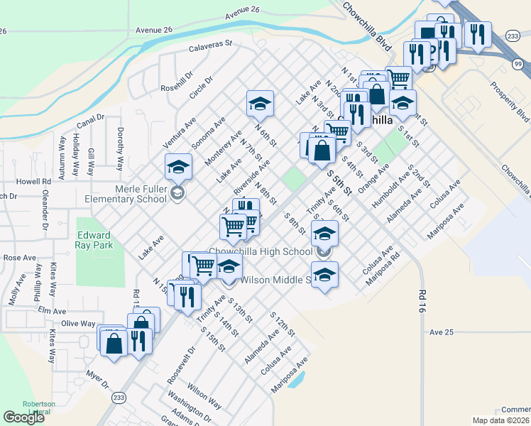 map of restaurants, bars, coffee shops, grocery stores, and more near 720 Robertson Boulevard in Chowchilla
