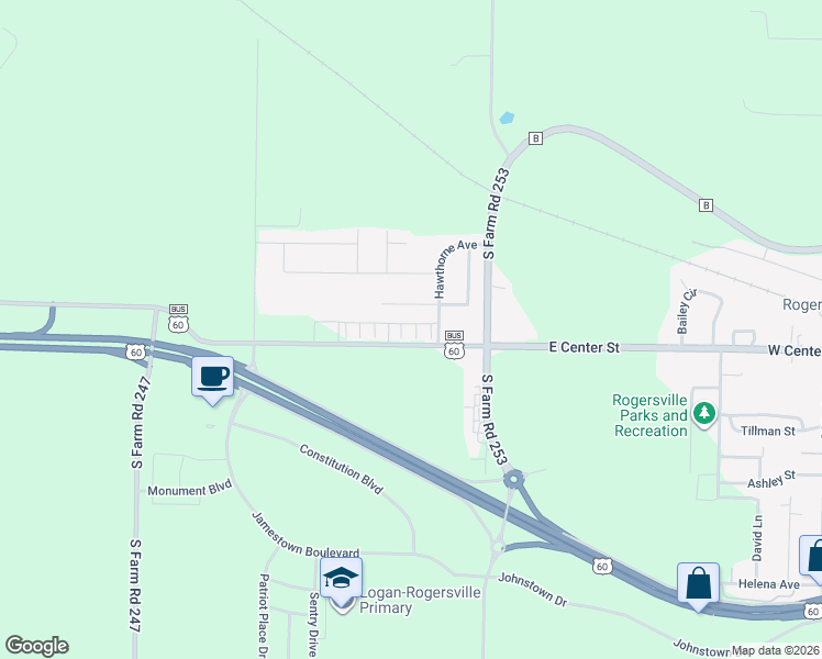 map of restaurants, bars, coffee shops, grocery stores, and more near 727 Olive Street in Rogersville