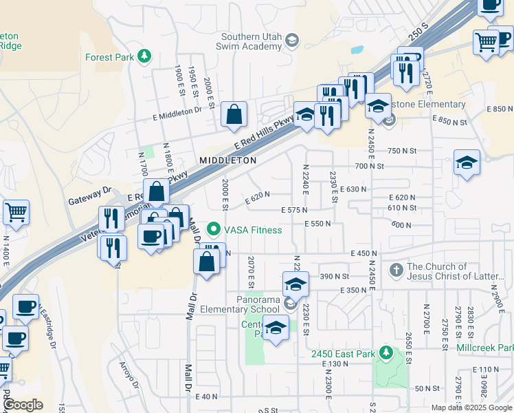 map of restaurants, bars, coffee shops, grocery stores, and more near 2071 East 575 North in St. George