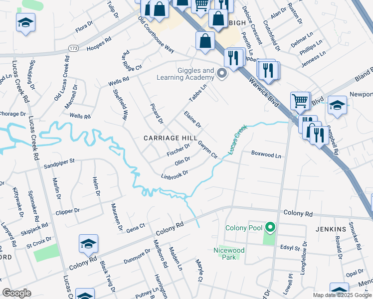 map of restaurants, bars, coffee shops, grocery stores, and more near 109 Fischer Drive in Newport News