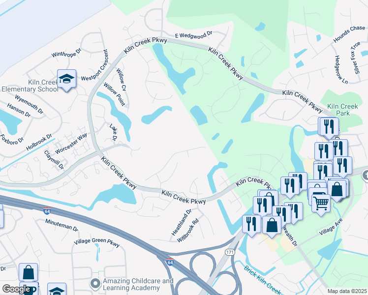 map of restaurants, bars, coffee shops, grocery stores, and more near 969 Drivers Lane in Newport News