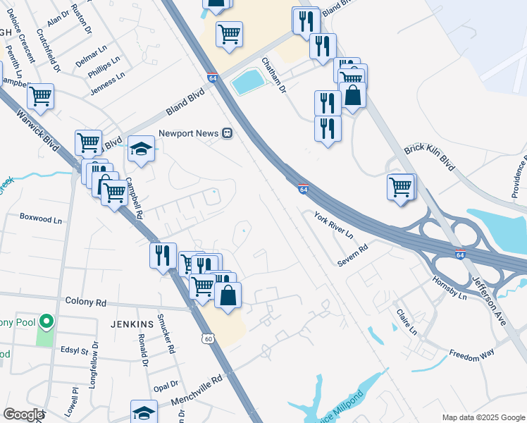 map of restaurants, bars, coffee shops, grocery stores, and more near 13367 Warwick Springs Drive in Newport News