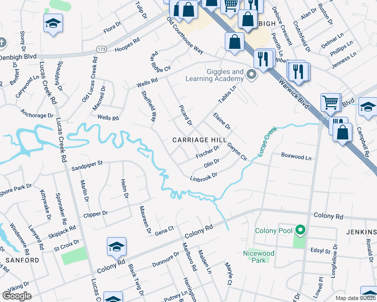 map of restaurants, bars, coffee shops, grocery stores, and more near 102 Raymond Drive in Newport News