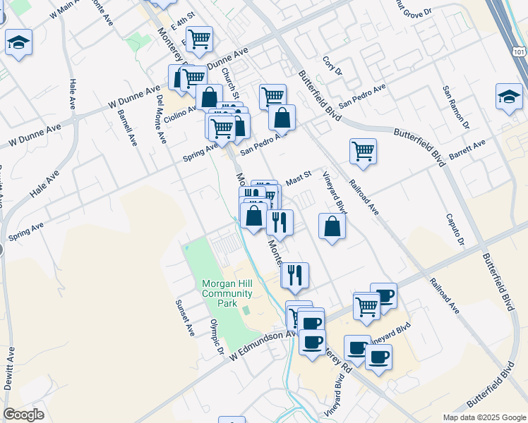 map of restaurants, bars, coffee shops, grocery stores, and more near 16450 Monterey Road in Morgan Hill