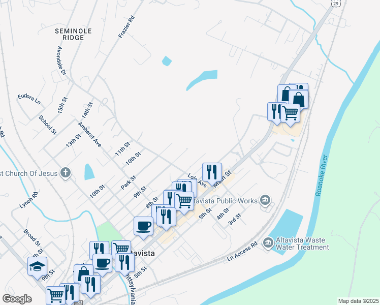 map of restaurants, bars, coffee shops, grocery stores, and more near 1141 9th Street in Altavista