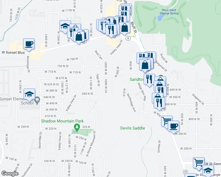 map of restaurants, bars, coffee shops, grocery stores, and more near 595 North 950 West in St. George