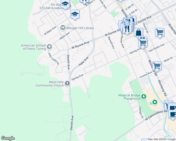 map of restaurants, bars, coffee shops, grocery stores, and more near 495 Spring Avenue in Morgan Hill