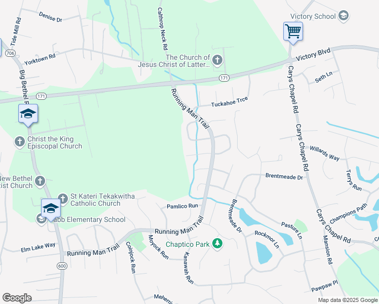map of restaurants, bars, coffee shops, grocery stores, and more near 108 Wicomico Turn in Yorktown