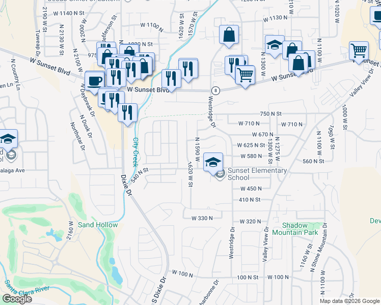 map of restaurants, bars, coffee shops, grocery stores, and more near 598 North 1620 West in St. George