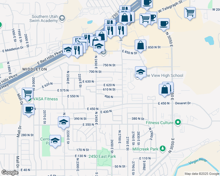 map of restaurants, bars, coffee shops, grocery stores, and more near 2587 East 610 North in St. George