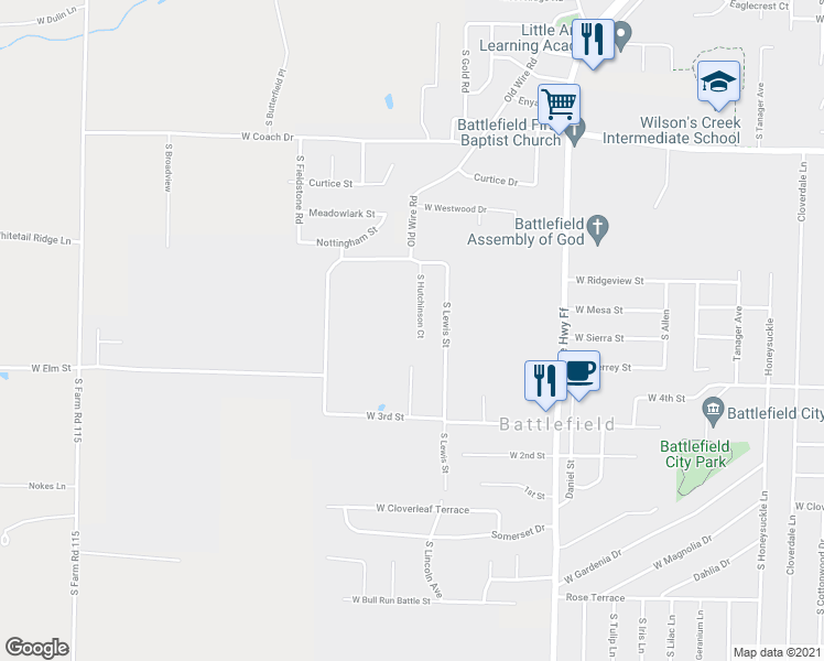 map of restaurants, bars, coffee shops, grocery stores, and more near 5317 South Hutchinson Court in Battlefield