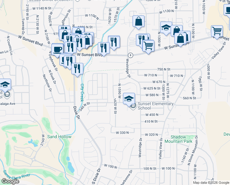 map of restaurants, bars, coffee shops, grocery stores, and more near 598 North 1620 West in St. George