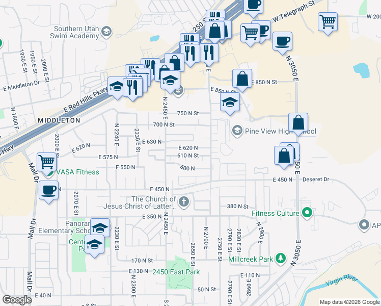 map of restaurants, bars, coffee shops, grocery stores, and more near 2621 East 620 North in St. George