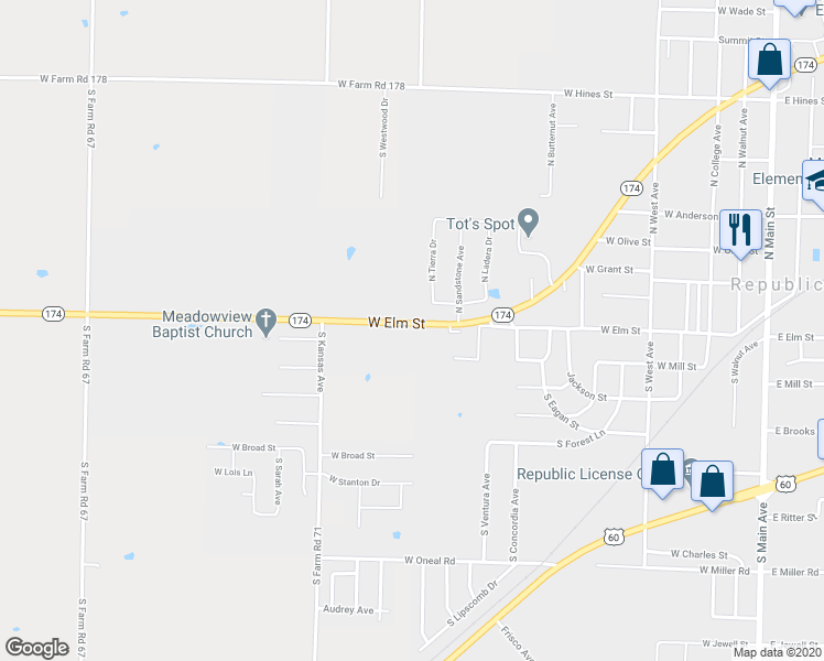 map of restaurants, bars, coffee shops, grocery stores, and more near 965 West Elm Street in Republic