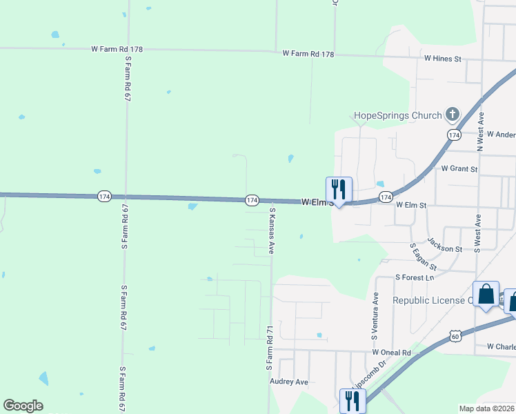 map of restaurants, bars, coffee shops, grocery stores, and more near 1005 State Highway 174 in Republic