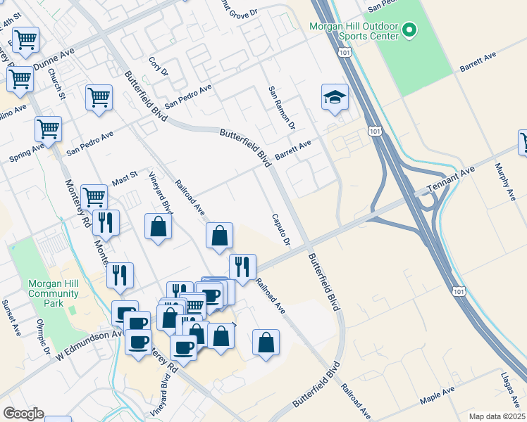 map of restaurants, bars, coffee shops, grocery stores, and more near 16095 Caputo Dr in Morgan Hill