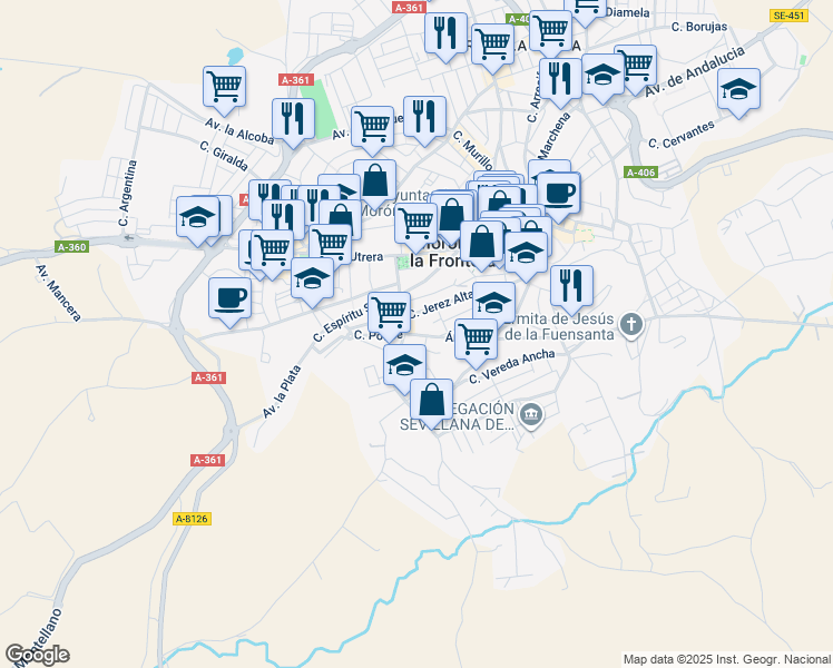 map of restaurants, bars, coffee shops, grocery stores, and more near 9A Calle Calzadilla in Morón de la Frontera