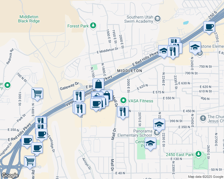 map of restaurants, bars, coffee shops, grocery stores, and more near 592 North Mall Drive in St. George