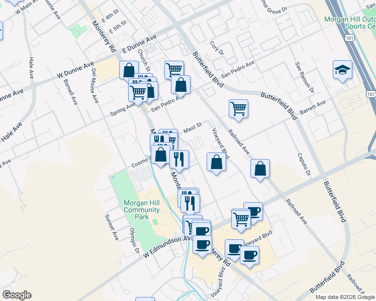 map of restaurants, bars, coffee shops, grocery stores, and more near 16405 Church Street in Morgan Hill