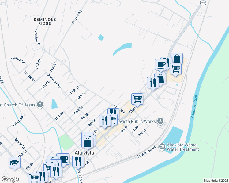 map of restaurants, bars, coffee shops, grocery stores, and more near 1141 9th Street in Altavista