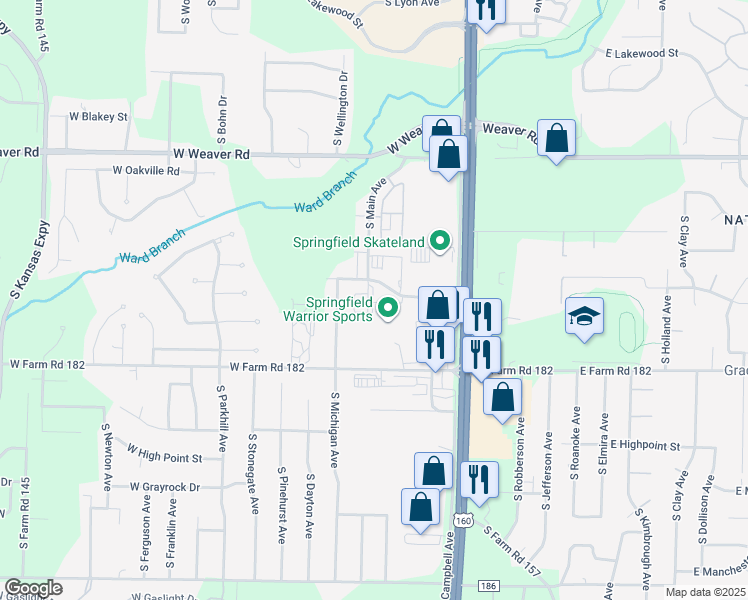map of restaurants, bars, coffee shops, grocery stores, and more near 560 West Bryant Street in Springfield
