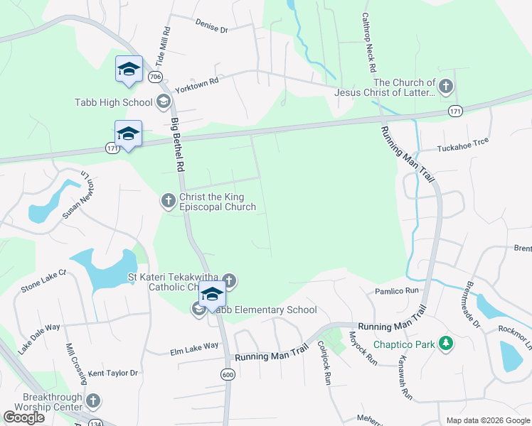 map of restaurants, bars, coffee shops, grocery stores, and more near 303 Heaven's Way in Yorktown