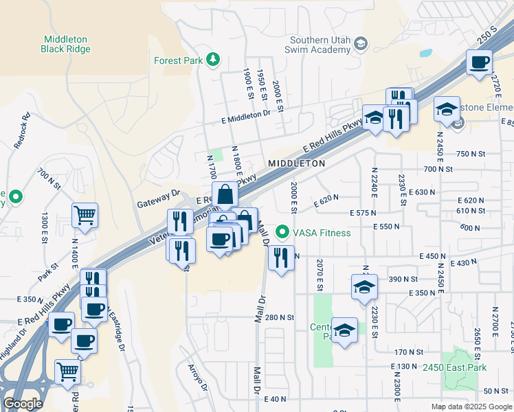 map of restaurants, bars, coffee shops, grocery stores, and more near 592 North Mall Drive in St. George