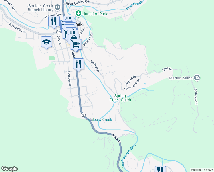 map of restaurants, bars, coffee shops, grocery stores, and more near Irwin Way in Boulder Creek
