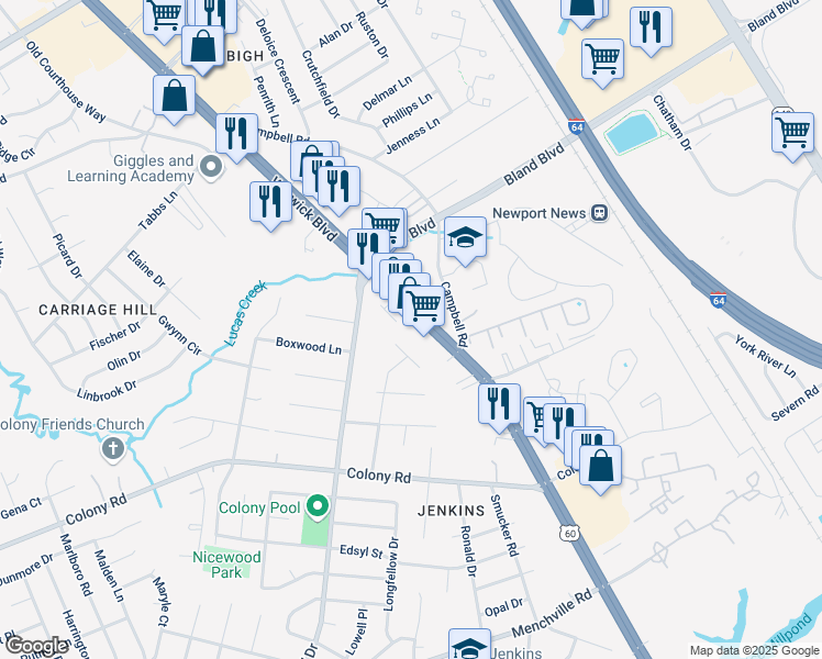 map of restaurants, bars, coffee shops, grocery stores, and more near 13641 Warwick Boulevard in Newport News