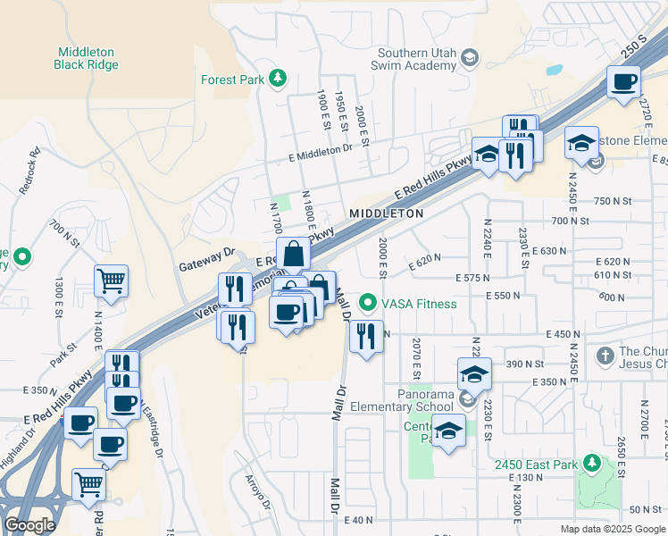 map of restaurants, bars, coffee shops, grocery stores, and more near 917 Red Cliffs Drive in St. George