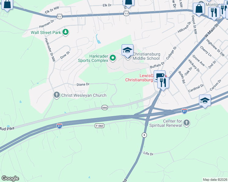 map of restaurants, bars, coffee shops, grocery stores, and more near 190 Bishops Gate Road Northwest in Christiansburg