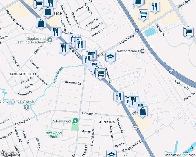 map of restaurants, bars, coffee shops, grocery stores, and more near 13641 Warwick Boulevard in Newport News