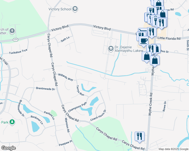 map of restaurants, bars, coffee shops, grocery stores, and more near 100 Treis Trail in Yorktown