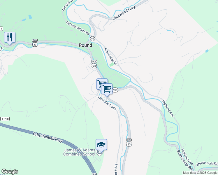 map of restaurants, bars, coffee shops, grocery stores, and more near 11152-11198 Indian Creek Road in Pound