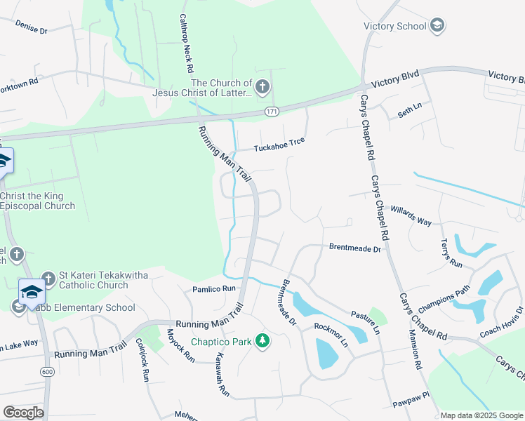 map of restaurants, bars, coffee shops, grocery stores, and more near 122 Mobjack Loop in Yorktown