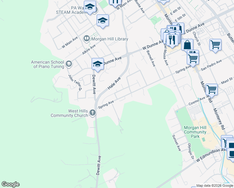map of restaurants, bars, coffee shops, grocery stores, and more near 16720 Wild Oak Way in Morgan Hill