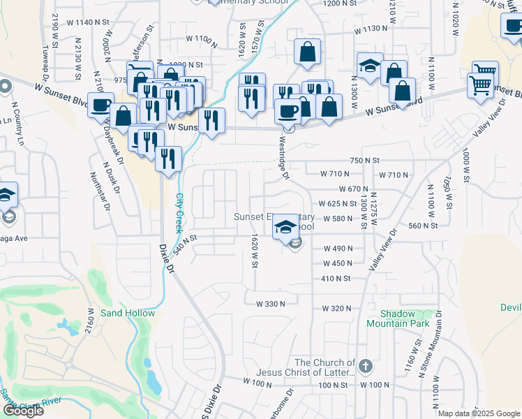 map of restaurants, bars, coffee shops, grocery stores, and more near 603 North 1590 West in St. George
